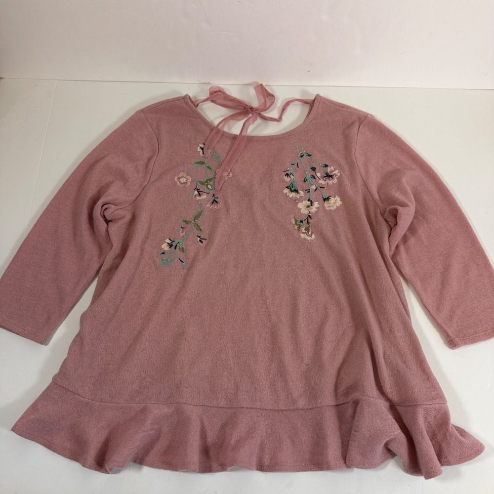 Pink Floral Embroidered Ruffle Hem Tie Back Sweater XL Top Coquette Soft Girl